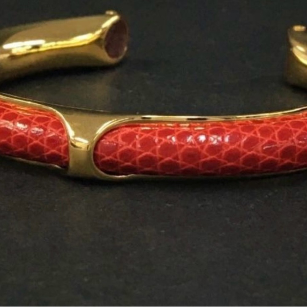 Hermès red lizard.and gold tone Cuff Bracelet w